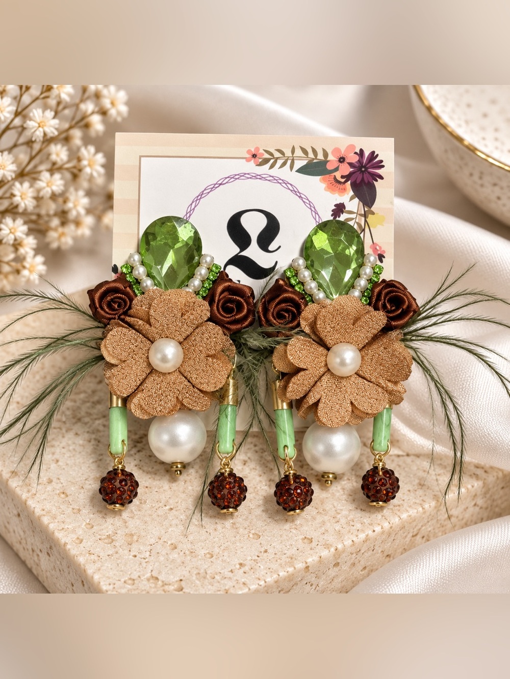 Green & Brown Floral Pearl Drop Earrings by